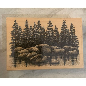 Rubber Stamp large Rocks Boulders with Pine Trees Wood Mounted Stampscapes 1996
